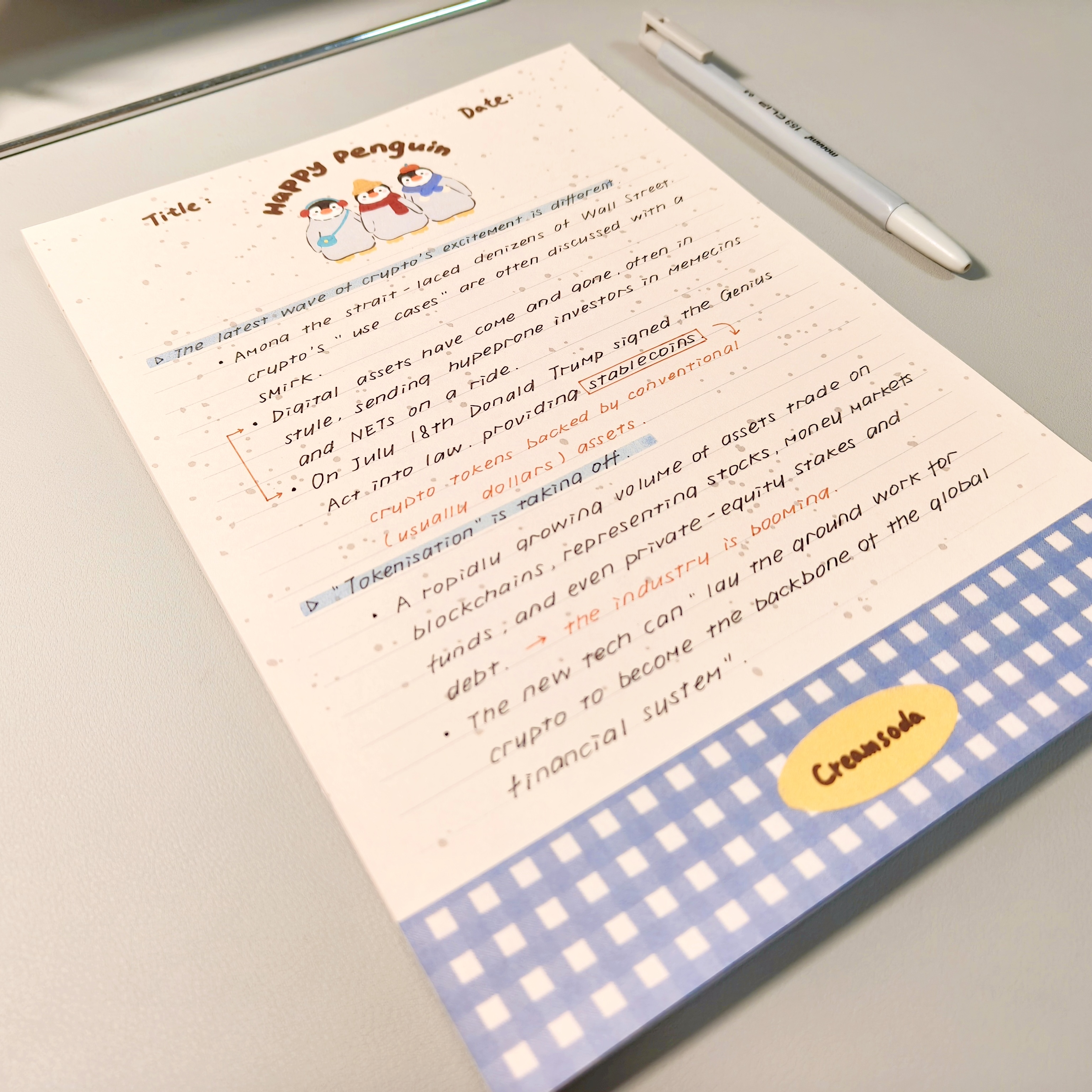 creamsoda奶油苏打拍纸本学习纸笔记本文具旅行企鹅