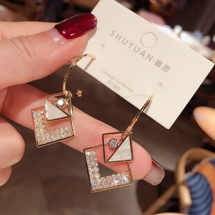 925银针周冬雨同款几何锆石贝壳菱形耳环气质网红方块X型耳圈耳钉