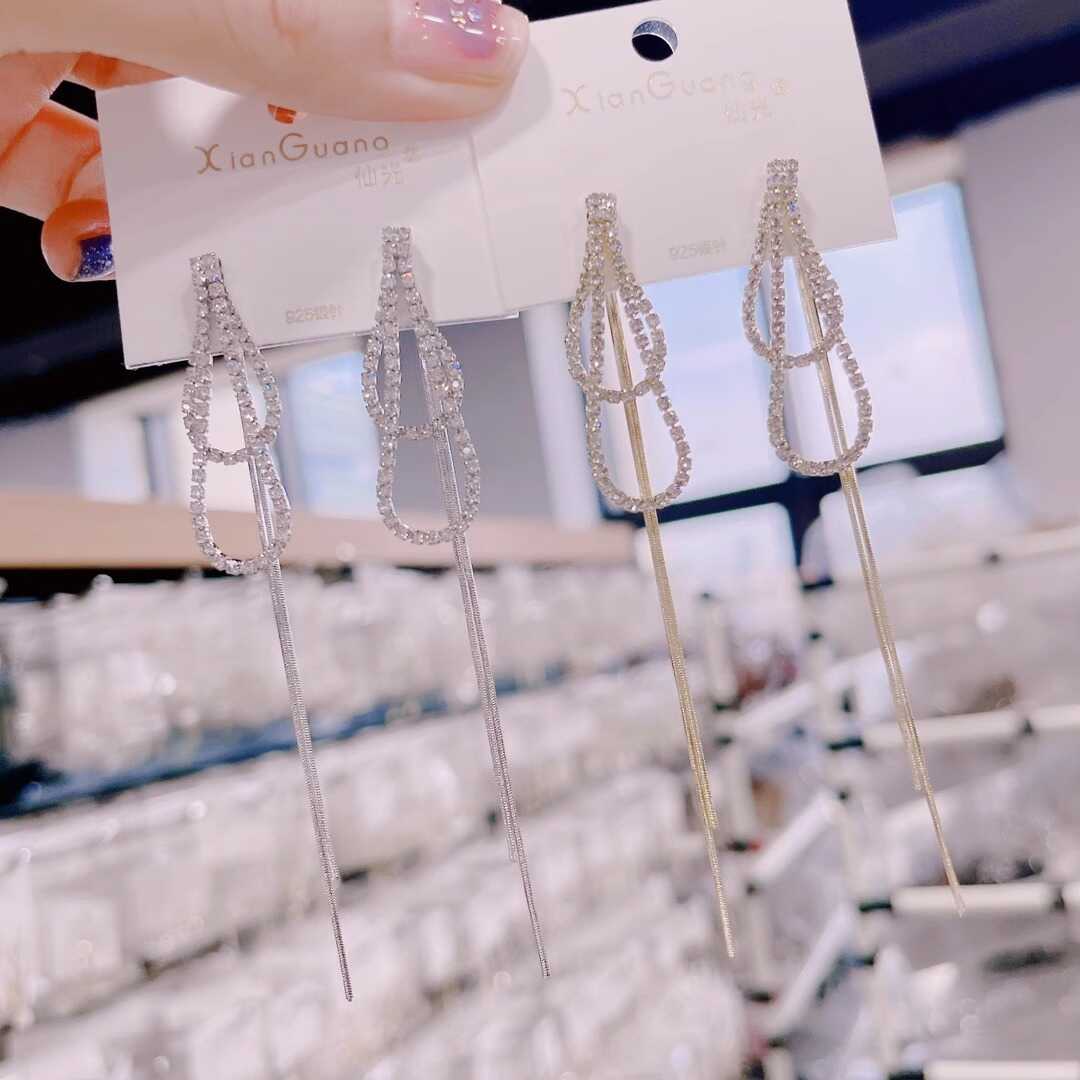 时尚流行欧美风耳饰女水钻条水滴后挂式两戴款耳坠925银针耳环