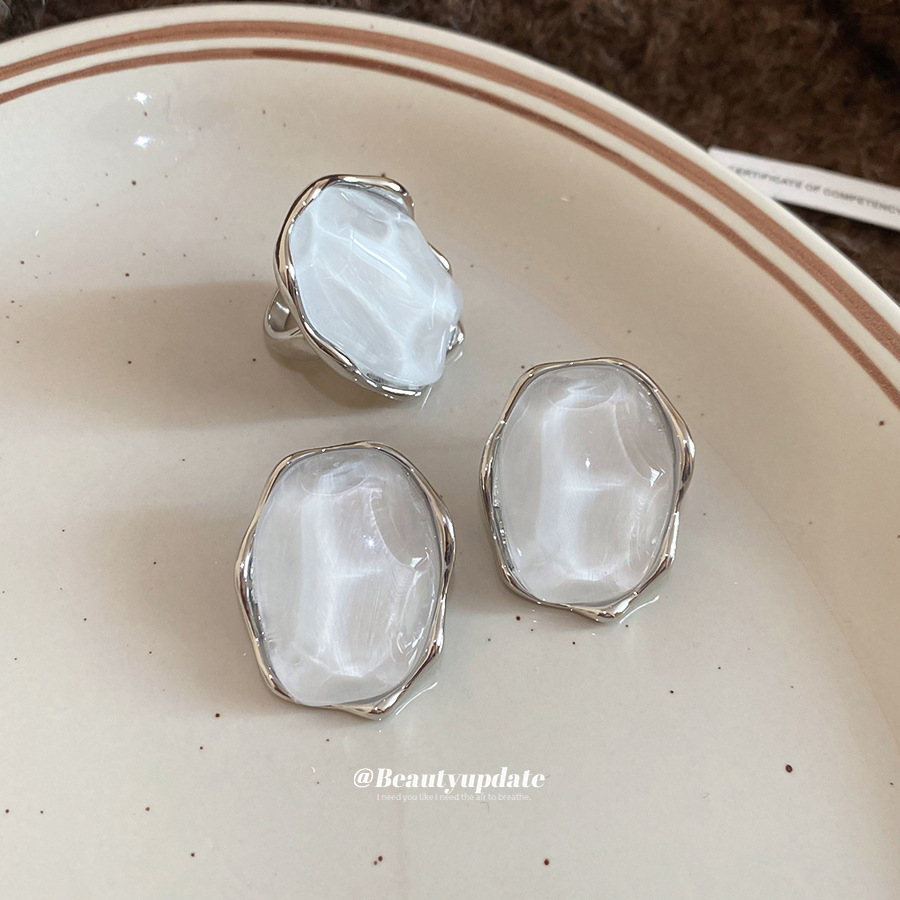 法式树脂几何椭圆开口戒指耳钉套装宫廷风百搭耳环轻奢高级感