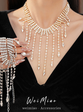跨境新品简约长流苏项链 欧美奢华百搭水滴水晶颈链项饰necklace