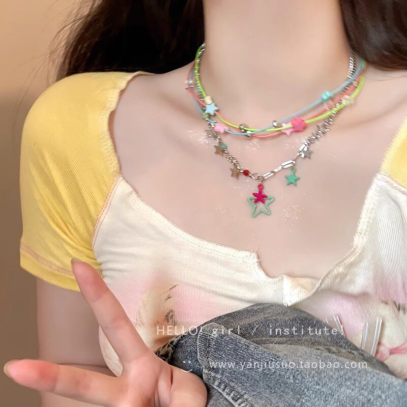 五彩绳串珠项链彩色星星项链女小众设计感网红配饰甜酷辣妹锁骨