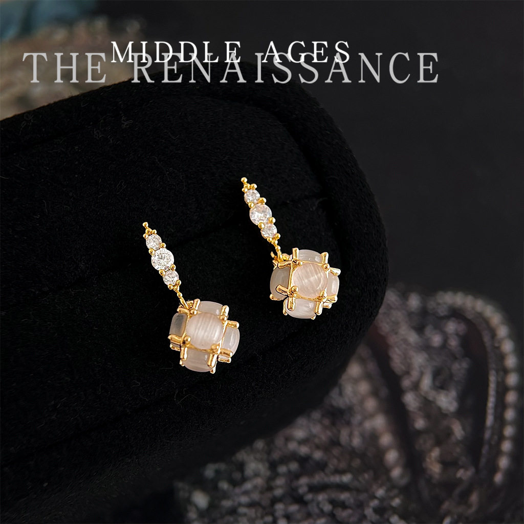 月光~vintage中古风玻璃猫眼石耳环法式轻奢温柔时尚气质通勤耳饰