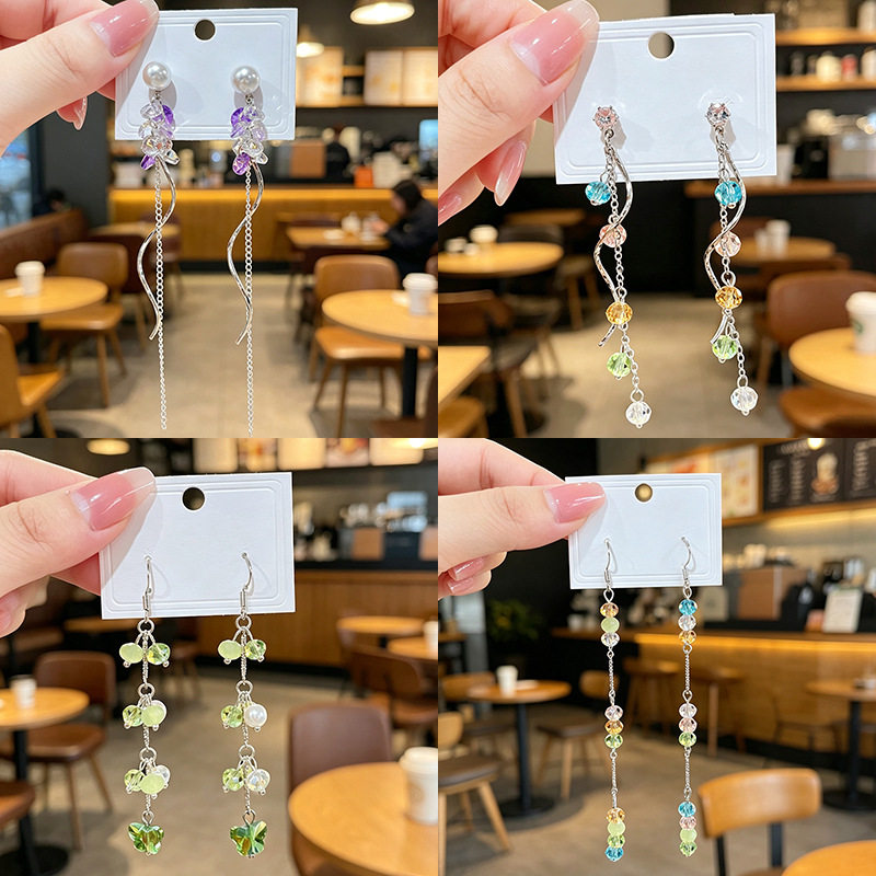 清新森系马卡龙彩色水晶流苏耳坠 渐变彩珠长款蝴蝶曲线细链耳钩