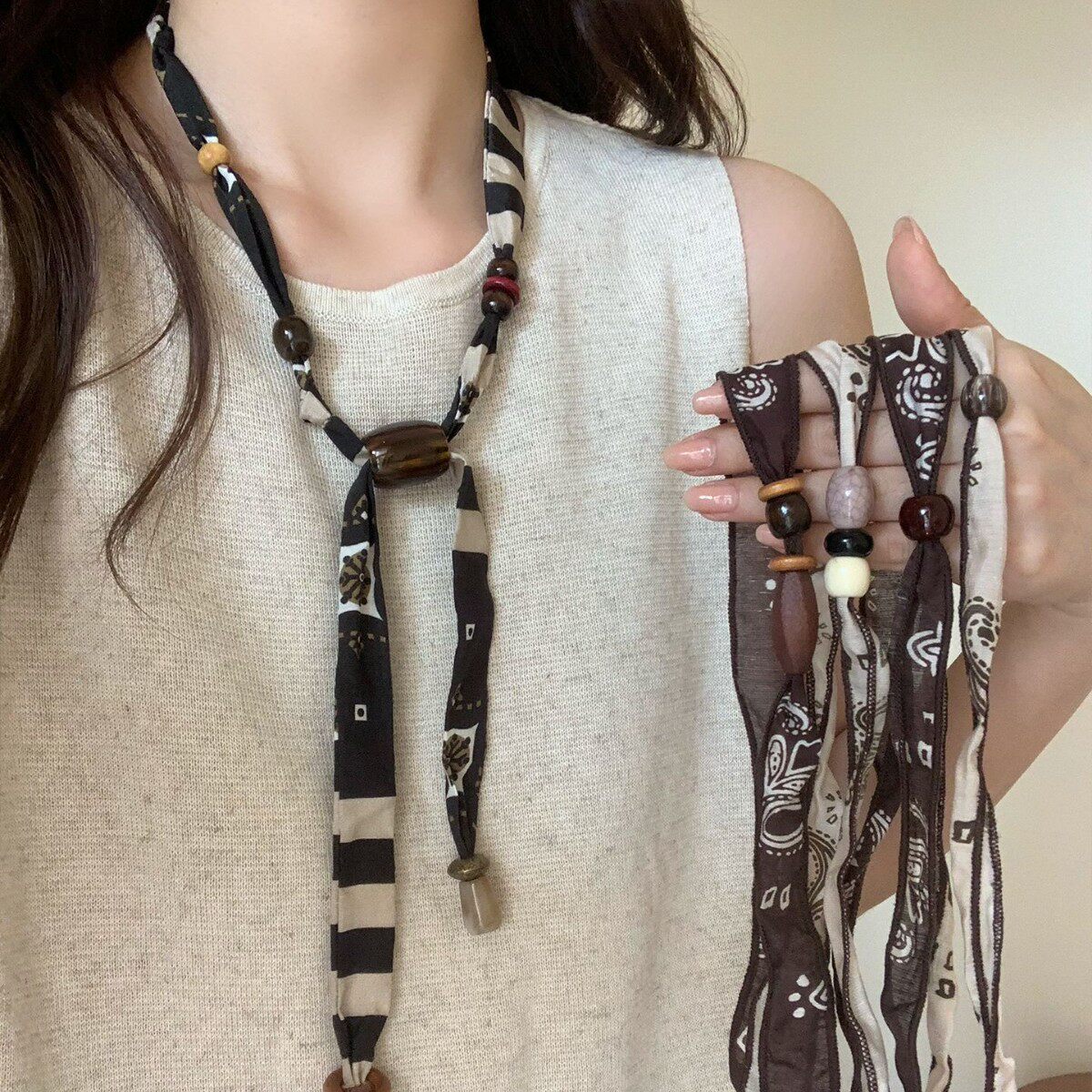 美拉德复古亚克力布艺抽拉式丝巾项链小众高级感毛衣链秋冬项饰女
