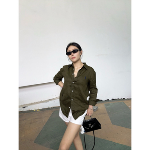 忧郁的米老虎/气质老钱1oo亚麻刺绣橄榄绿衬衫女气质显瘦百搭上衣