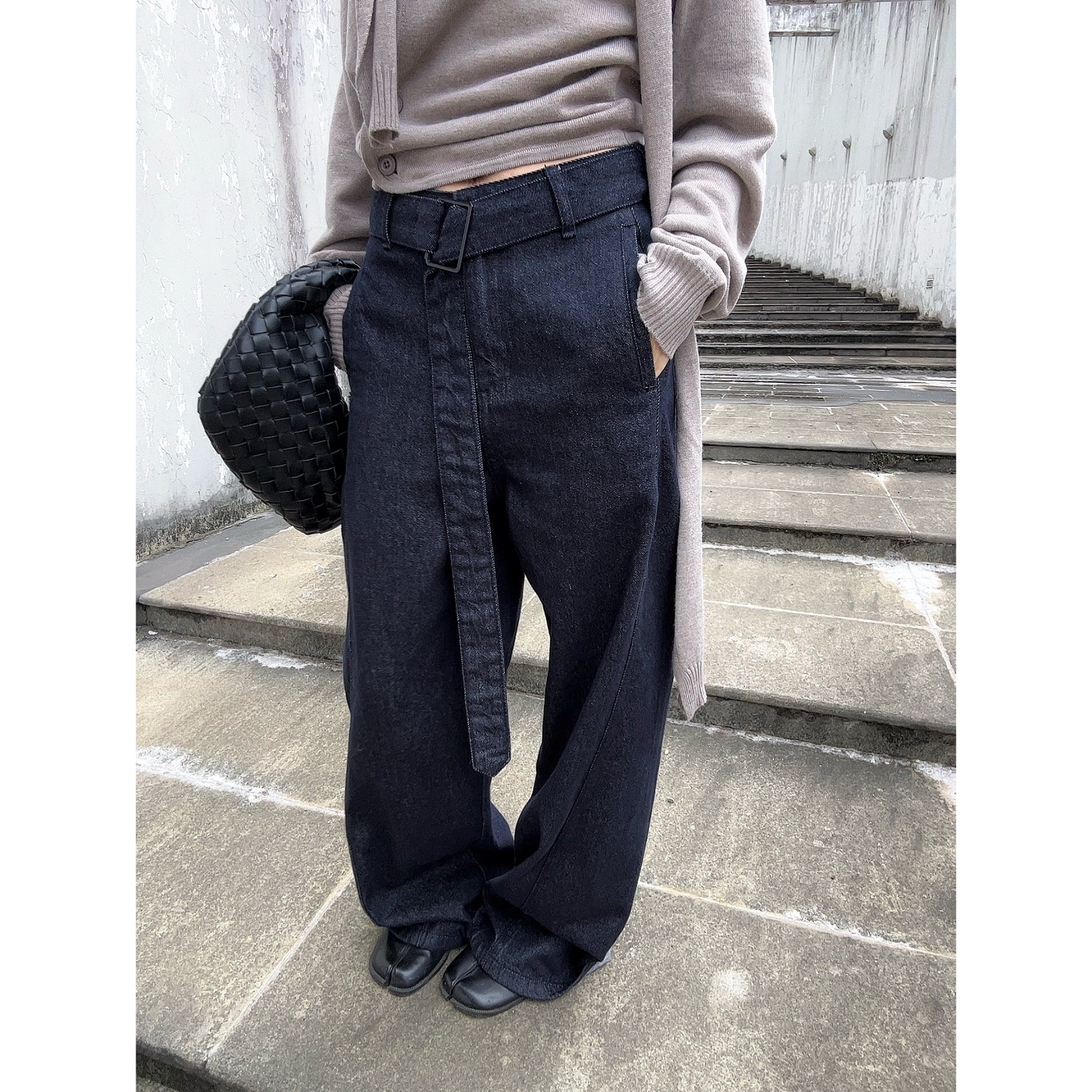 忧郁的米老虎/小众腔调感宽松牛仔裤百搭深色系高腰阔腿牛仔长裤