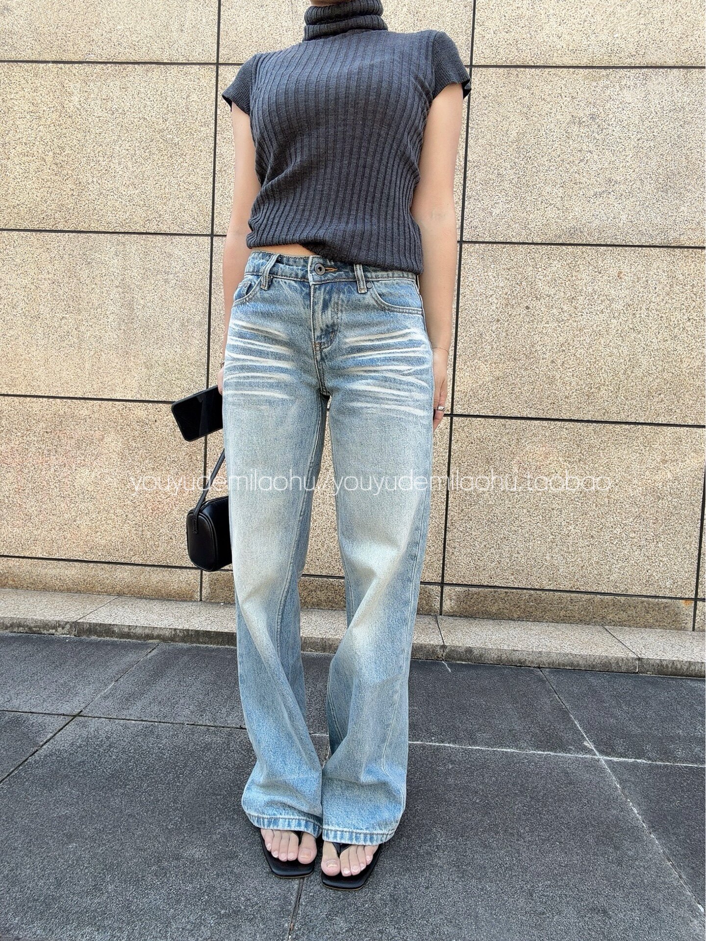 水洗磨白女直筒显瘦长裤