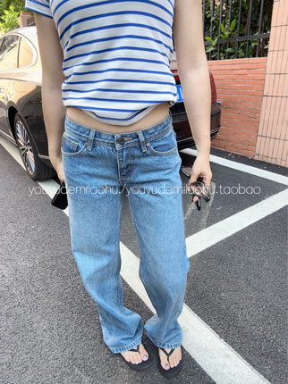 忧郁的米老虎/080L牛仔蓝纯棉水洗做旧低腰宽松直筒牛仔长裤