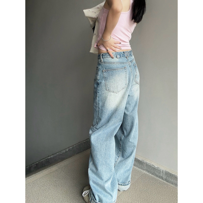 忧郁的米老虎/显瘦百搭水洗蓝2494M中低腰宽松直筒裤阔腿牛仔裤女
