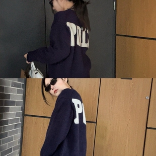 字母刺绣羊毛针织女宽松慵懒风圆领毛衣 金玟庭同款 忧郁 米老虎