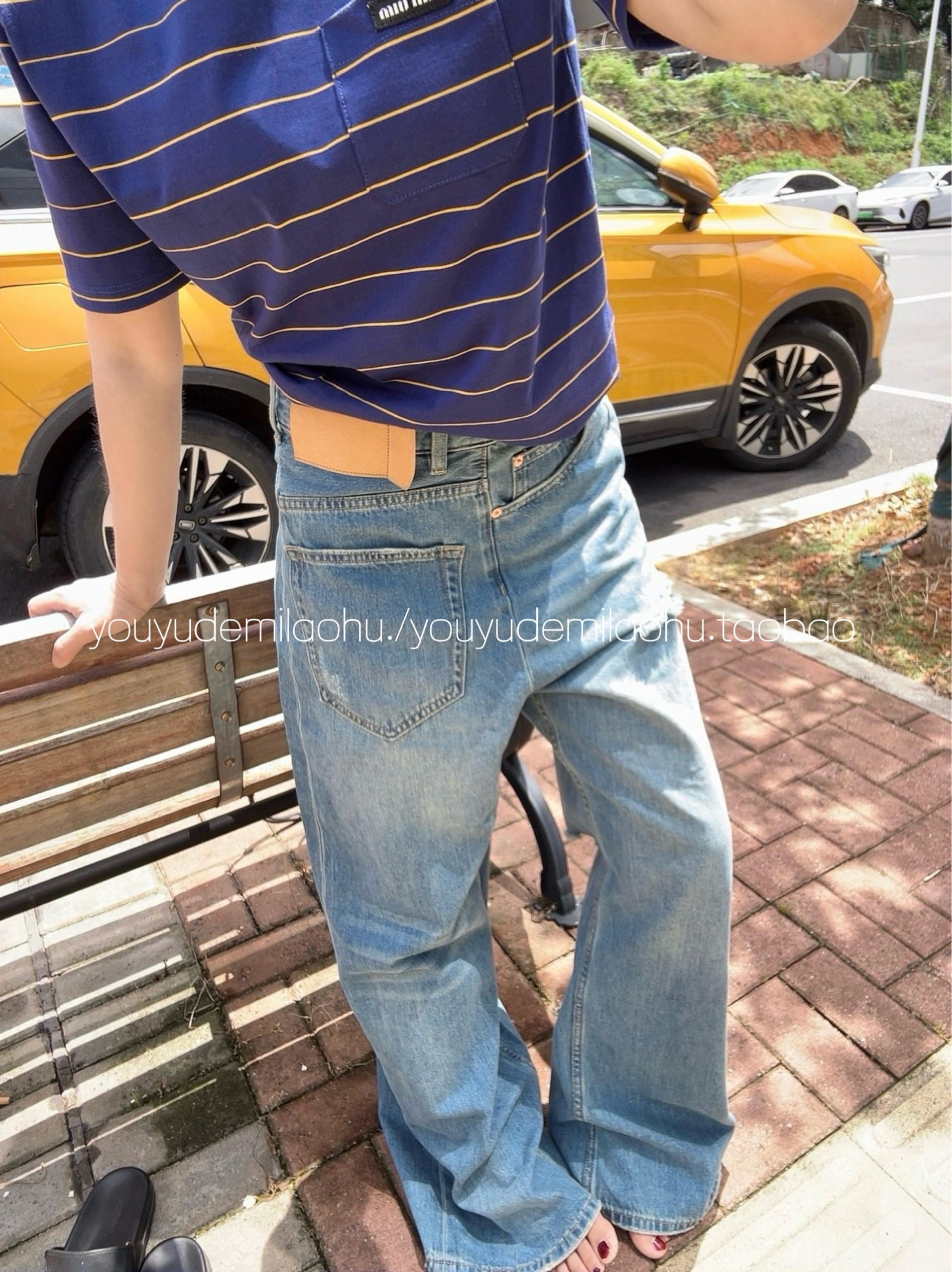 忧郁的米老虎/不对称错位侧拉链牛仔裤女宽松阔腿裤拖地牛仔裤
