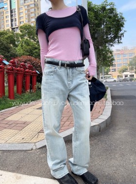 忧郁的米老虎/1025L浅色复古肌理水洗牛仔裤女春宽松直筒显瘦长裤