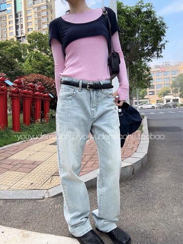 忧郁的米老虎/1025L浅色复古肌理水洗牛仔裤女春宽松直筒显瘦长裤