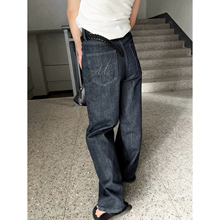 忧郁的米老虎/版型正刺绣字母原牛显瘦高腰直筒阔腿牛仔裤女076H