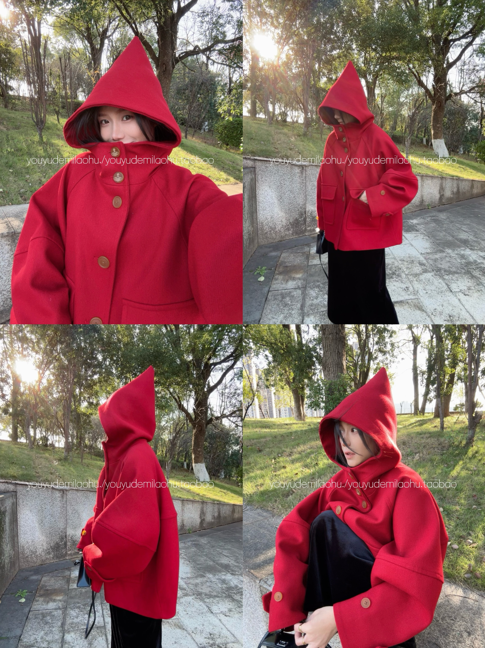 忧郁的米老虎/chao正女巫帽减龄羊毛呢风衣连帽毛呢大衣外套女冬