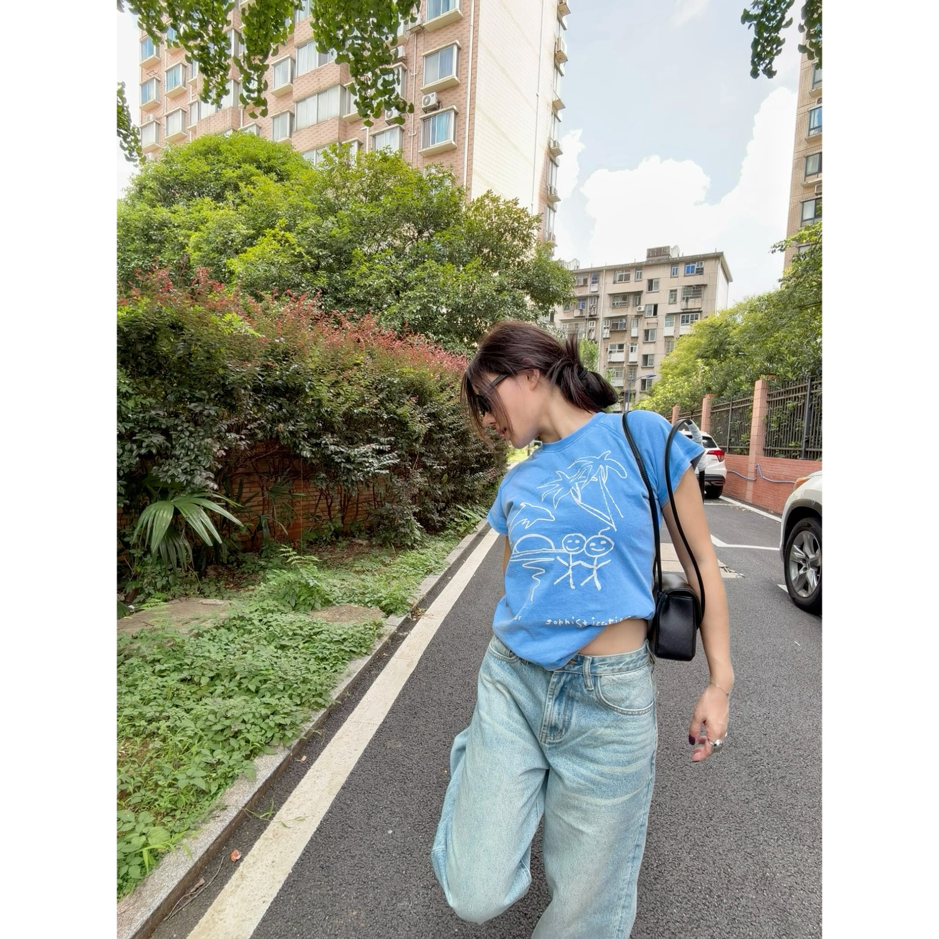 忧郁的米老虎/刘雯同款水洗做旧蓝色卡通印花夏季圆领短袖女
