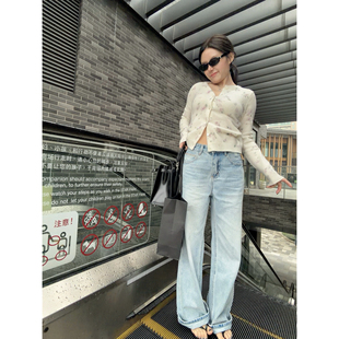 显瘦阔腿长裤 忧郁 女拖地裤 水洗浅蓝磨白宽松牛仔直筒裤 米老虎