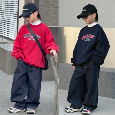 青少年加绒圆领卫衣2025冬装儿童加厚打底衫7058