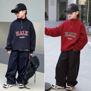 青少年加绒立领卫衣2025冬装 7069 儿童半拉链加厚打底衫