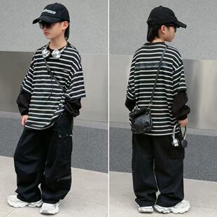 2026春秋条纹假两件T恤中大童宽松长袖 2601