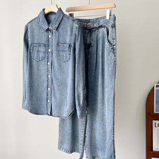 高腰阔腿牛仔裤 自带调性 莱赛尔醋酸双口袋牛仔衬衫 套装 法奢Ir