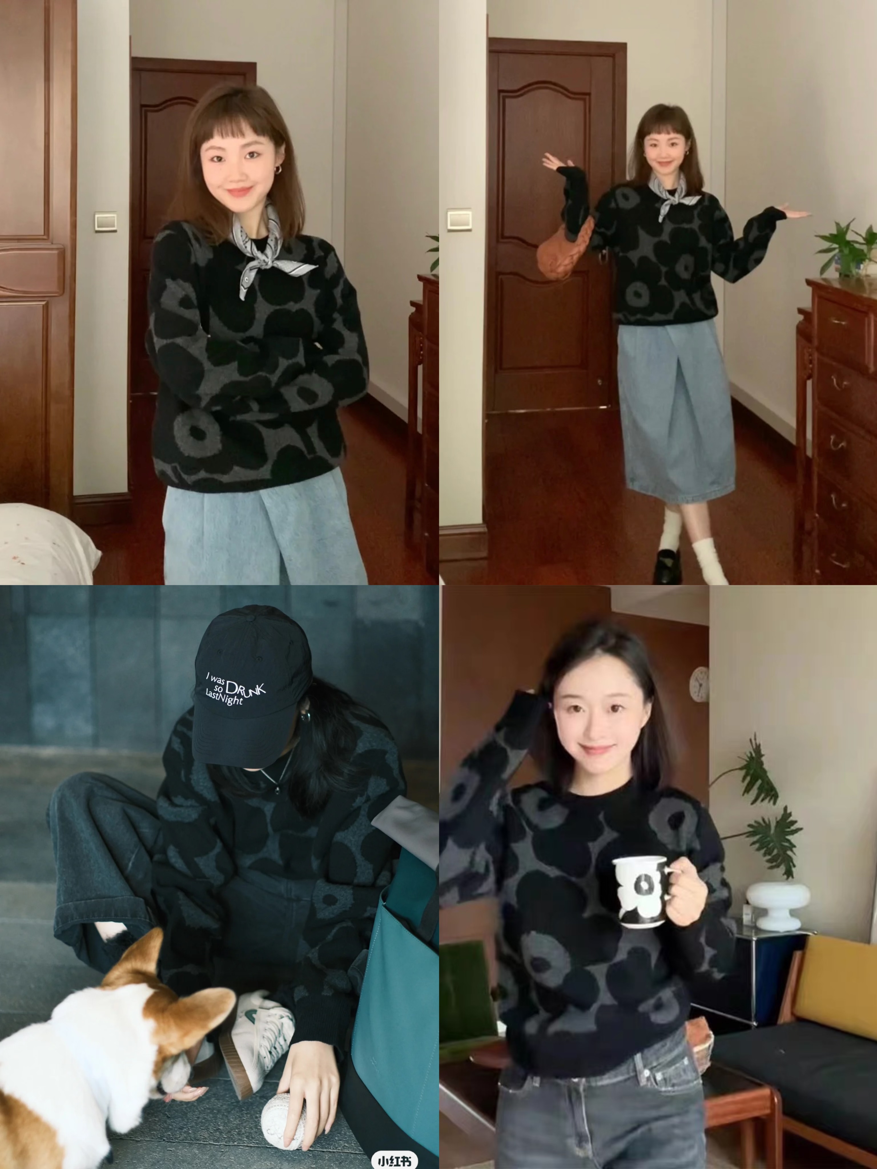 北欧小众文艺 芬兰Mar*ko花朵印花太阳花羊毛针织衫圆领套头毛衣