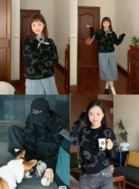 北欧小众文艺 芬兰Mar*ko花朵印花太阳花羊毛针织衫圆领套头毛衣