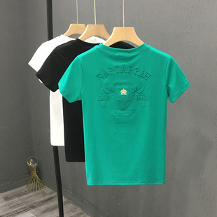 夏季 新款 男士 小鹿刺绣半袖 T恤男装 修身 纯棉短袖 休闲体恤潮牌t 韩版