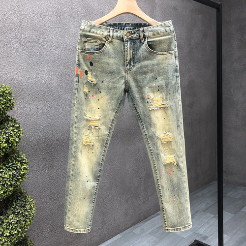 痞帅破洞浅色薄款牛仔裤男韩版修身九分裤2025春夏新款男士小脚裤