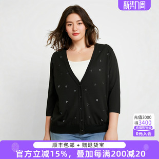 女装 时尚 春装 黑色镶钻针织开衫 宽松V领潮625201010 新款 大码