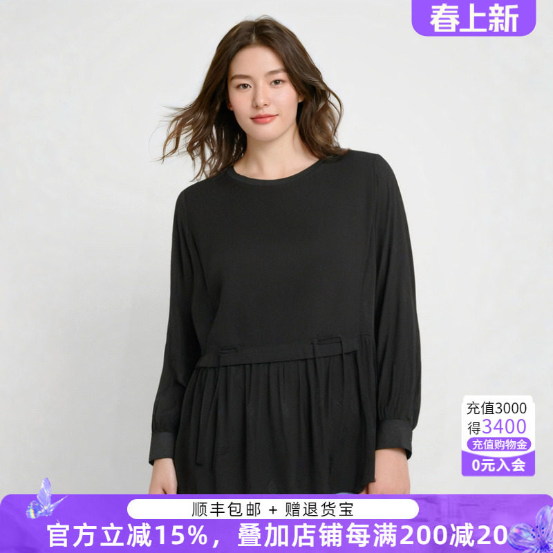 胖太太大码女装春装新品黑色拼接圆领长袖复古衬衫上衣422104910