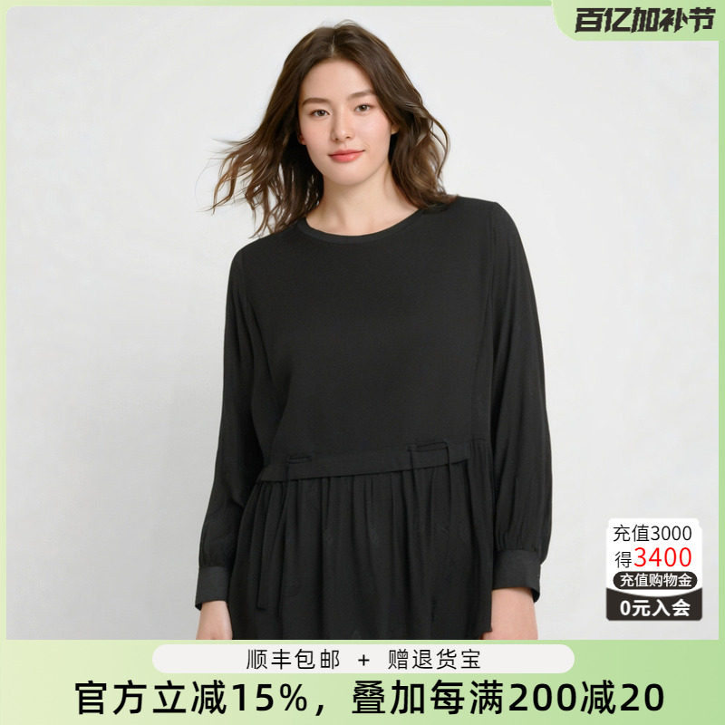 胖太太大码女装春装新品黑色拼接圆领长袖复古衬衫上衣422104910