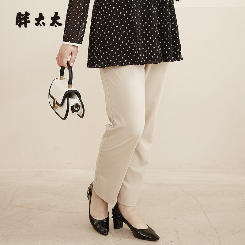 胖太太大码女装夏季新款西裤时尚弹力松紧腰灰色直筒裤324211221