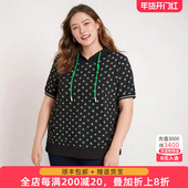 胖太太大码 深蓝色花色带帽休闲薄T恤324201910 时尚 女装 春夏新款