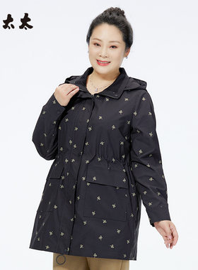 胖太太风衣连帽中长宽松