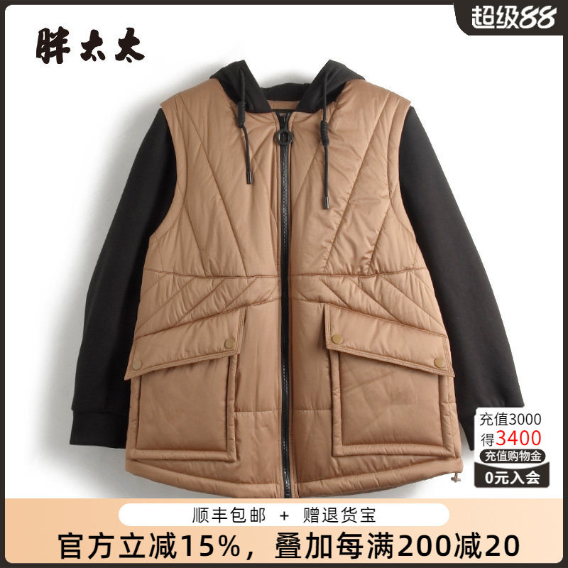 胖太太大码女装秋冬新款咖色拼接短款连帽妈妈装棉服潮824406712