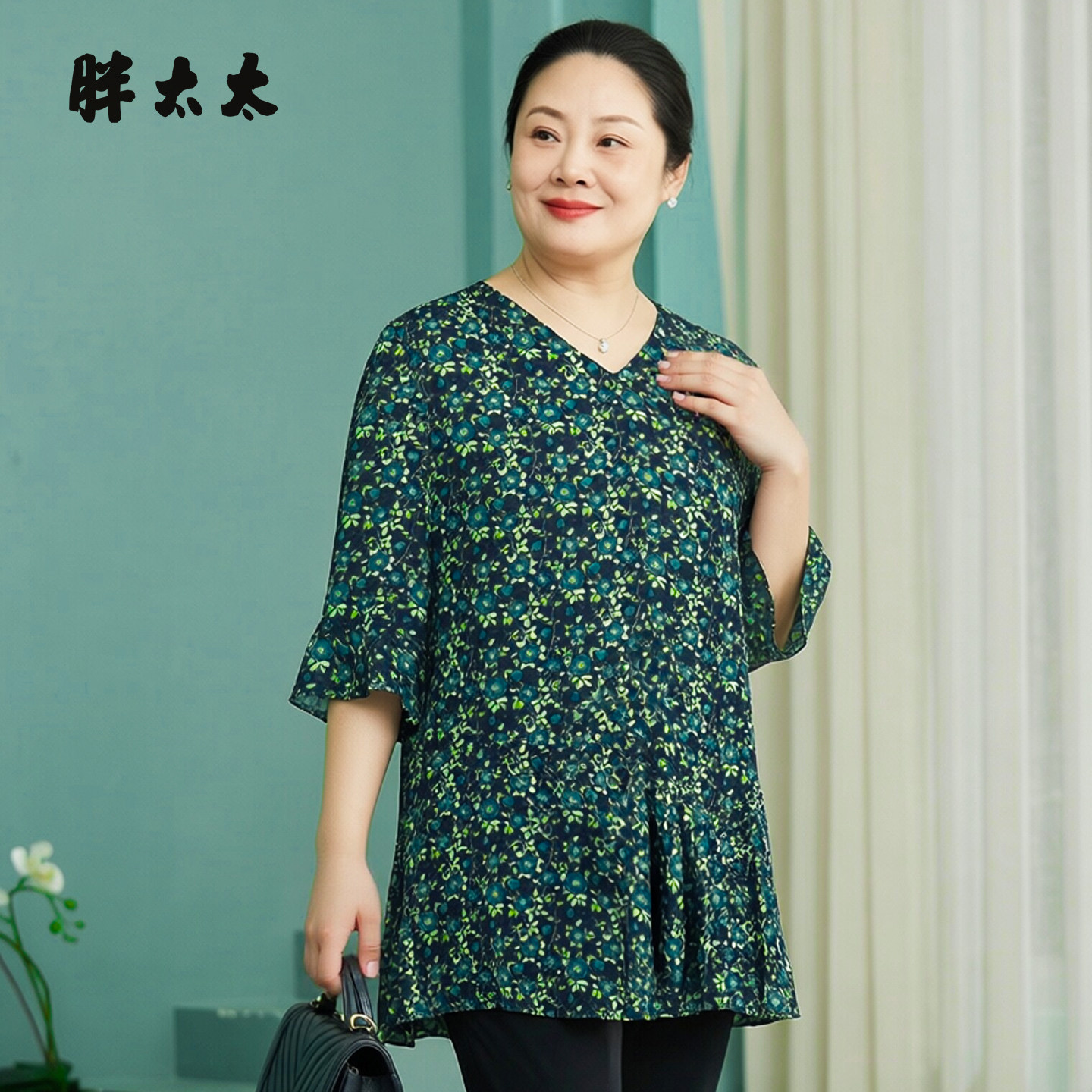 胖太太大码女装夏季新品雪纺套头