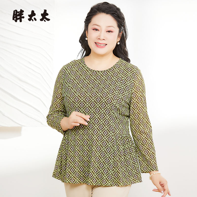 胖太太大码女装春季新品几何图案休闲长袖T恤宽松小衫潮825220211