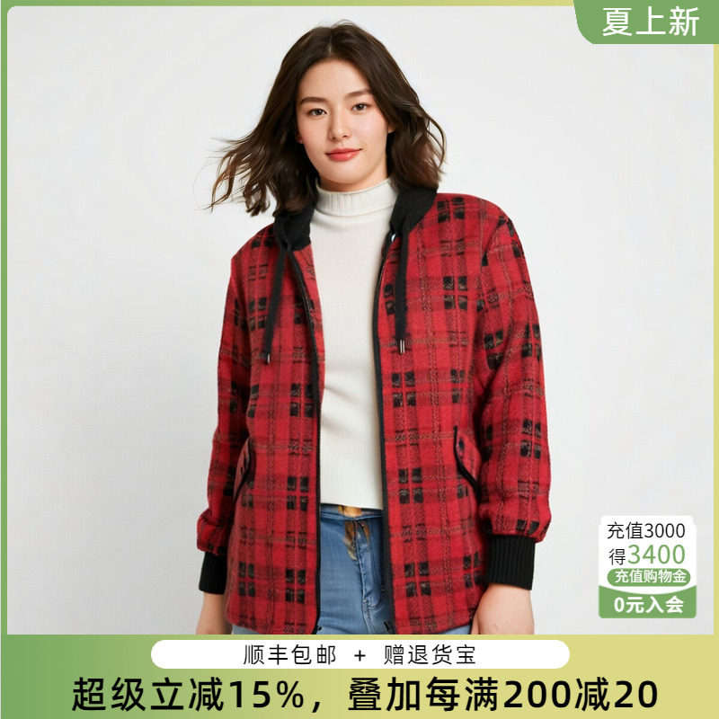 连帽外套胖太太格纹图案