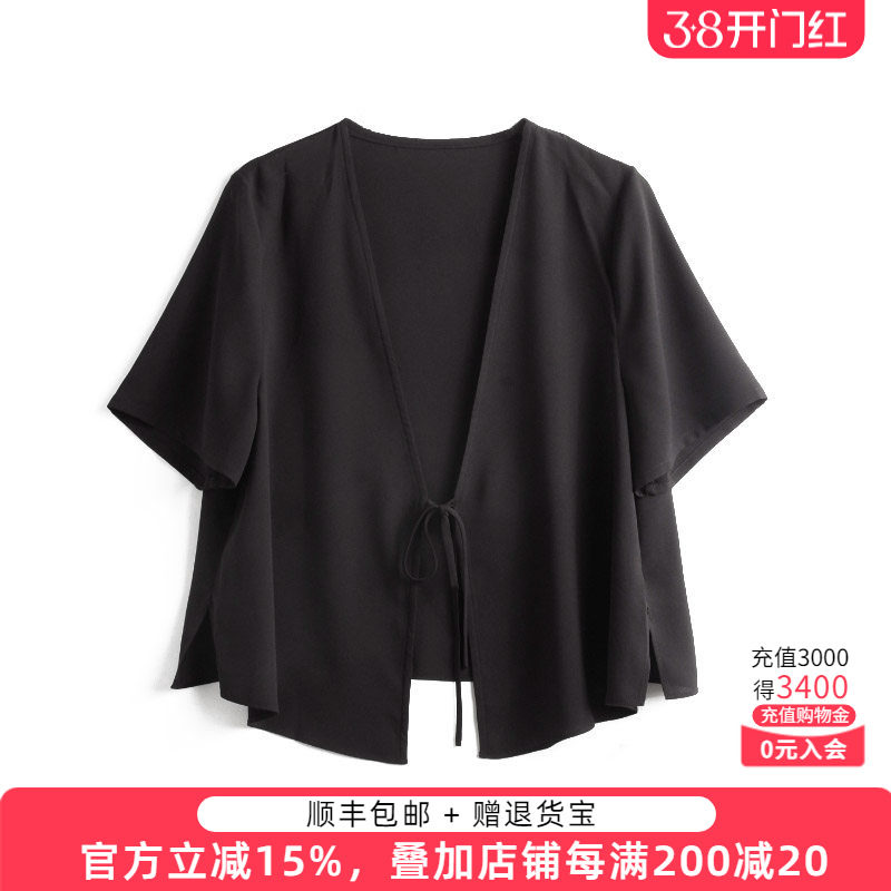胖太太大码女装夏季新品雪纺V领系带显瘦上衣外搭短袖薄423118910