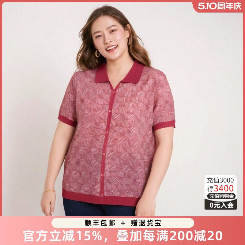 胖太太大码女装春夏新款时尚几何图案翻领休闲薄针织衫624200210