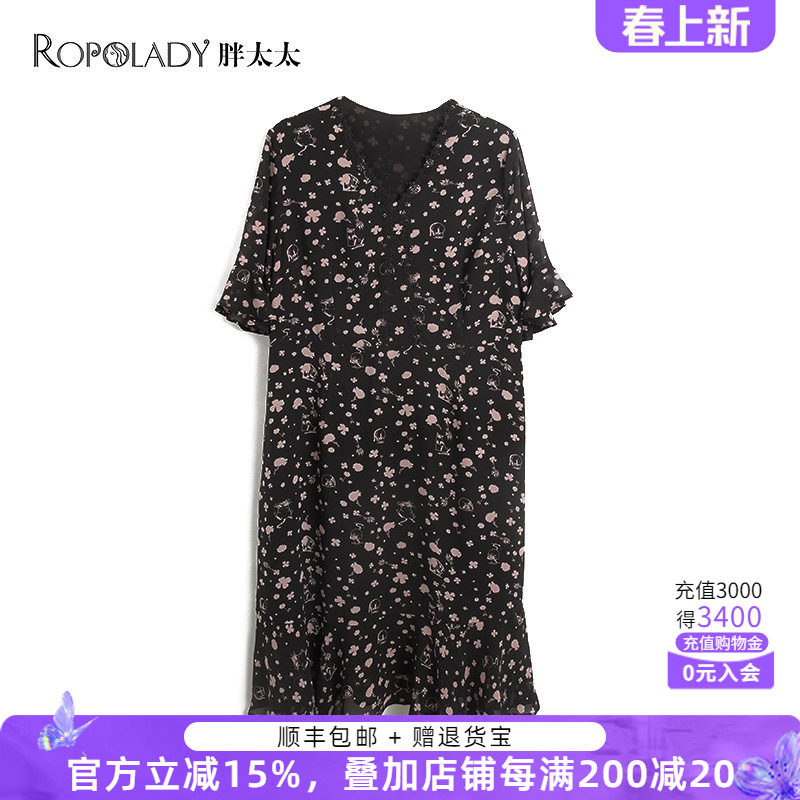 大码女装夏季新品时尚短袖碎花宽松黑色中长显瘦连衣裙821203940