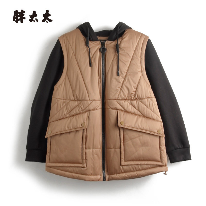 胖太太棉服拼接连帽宽松