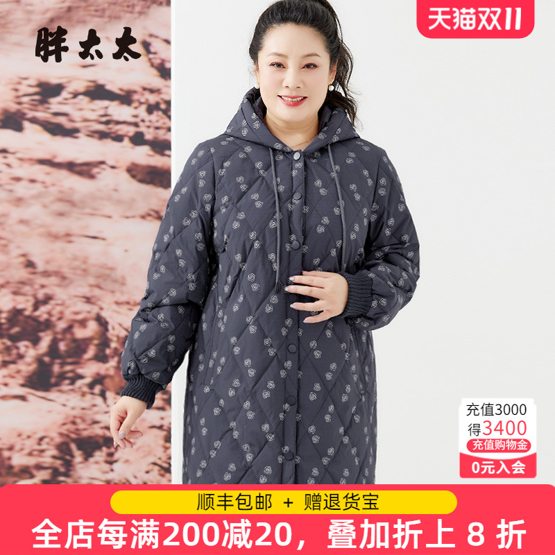 连帽羽绒服胖太太花朵图案