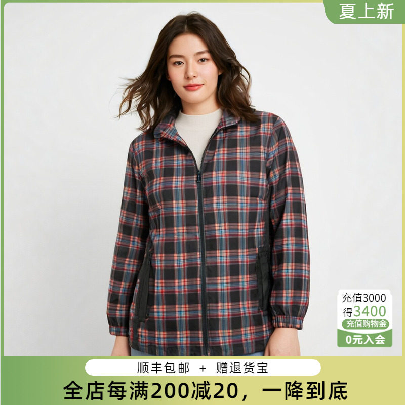 胖太太连帽宽松休闲格纹图案外套