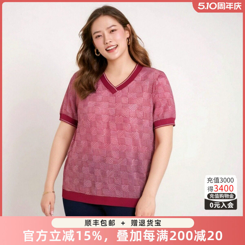 胖太太大码女装春夏新款时尚几何图案翻领休闲薄针织衫624200310