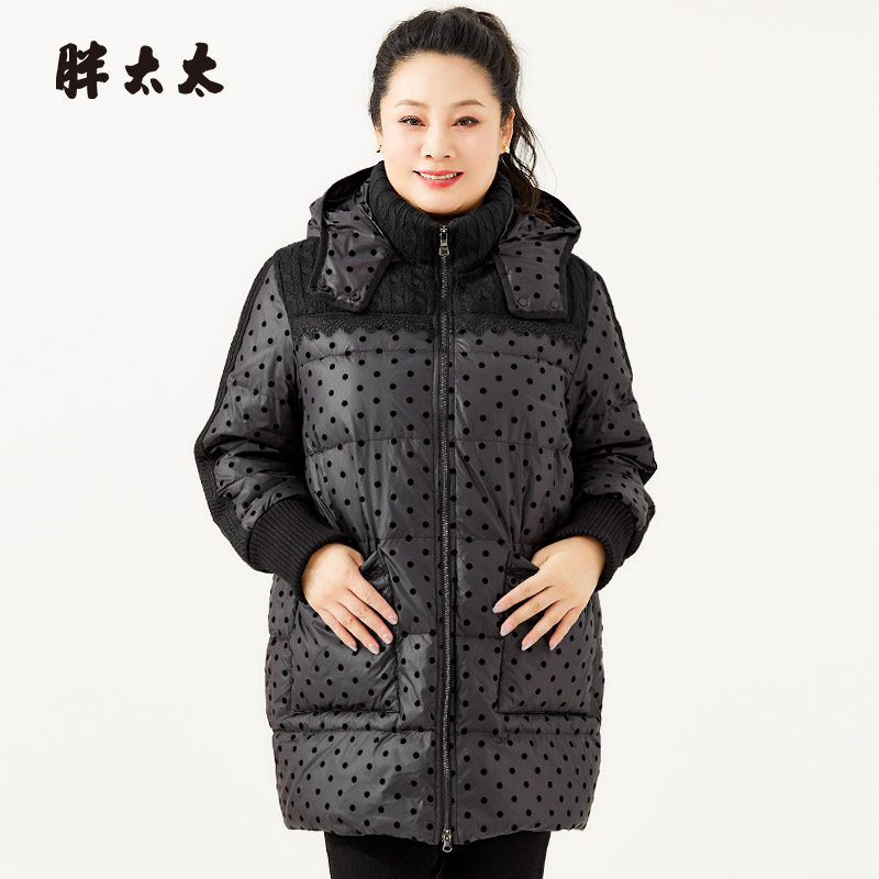 胖太太羽绒服蕾丝拼接波点图案