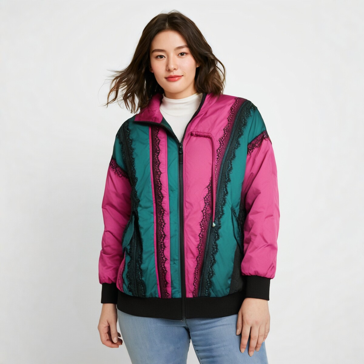 胖太太羽绒服连帽撞色宽松
