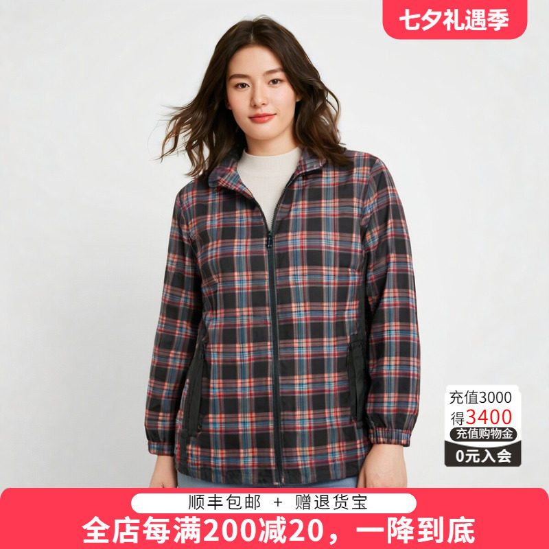 胖太太连帽宽松休闲格纹图案外套